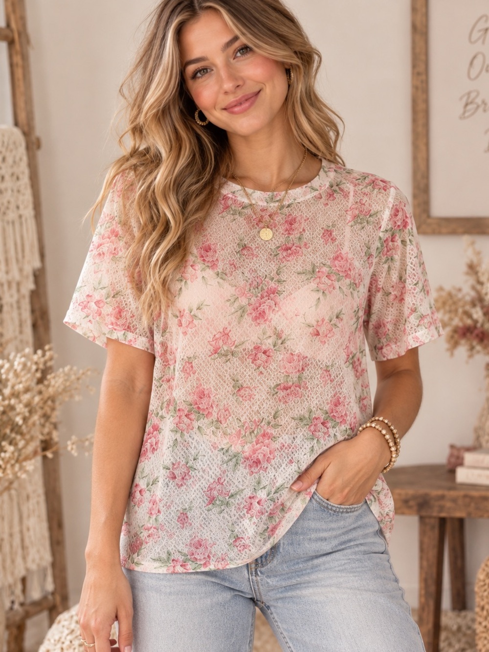 BiBi Pink Floral Short Sleeve Crewneck Top